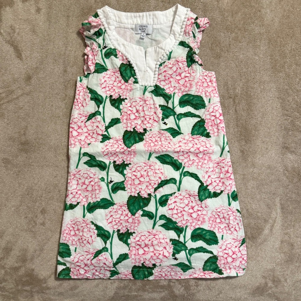 Crown & Ivy Kids Pink Hydrangea Floral Cotton Ruffle Dress Size 5 Bee Print
